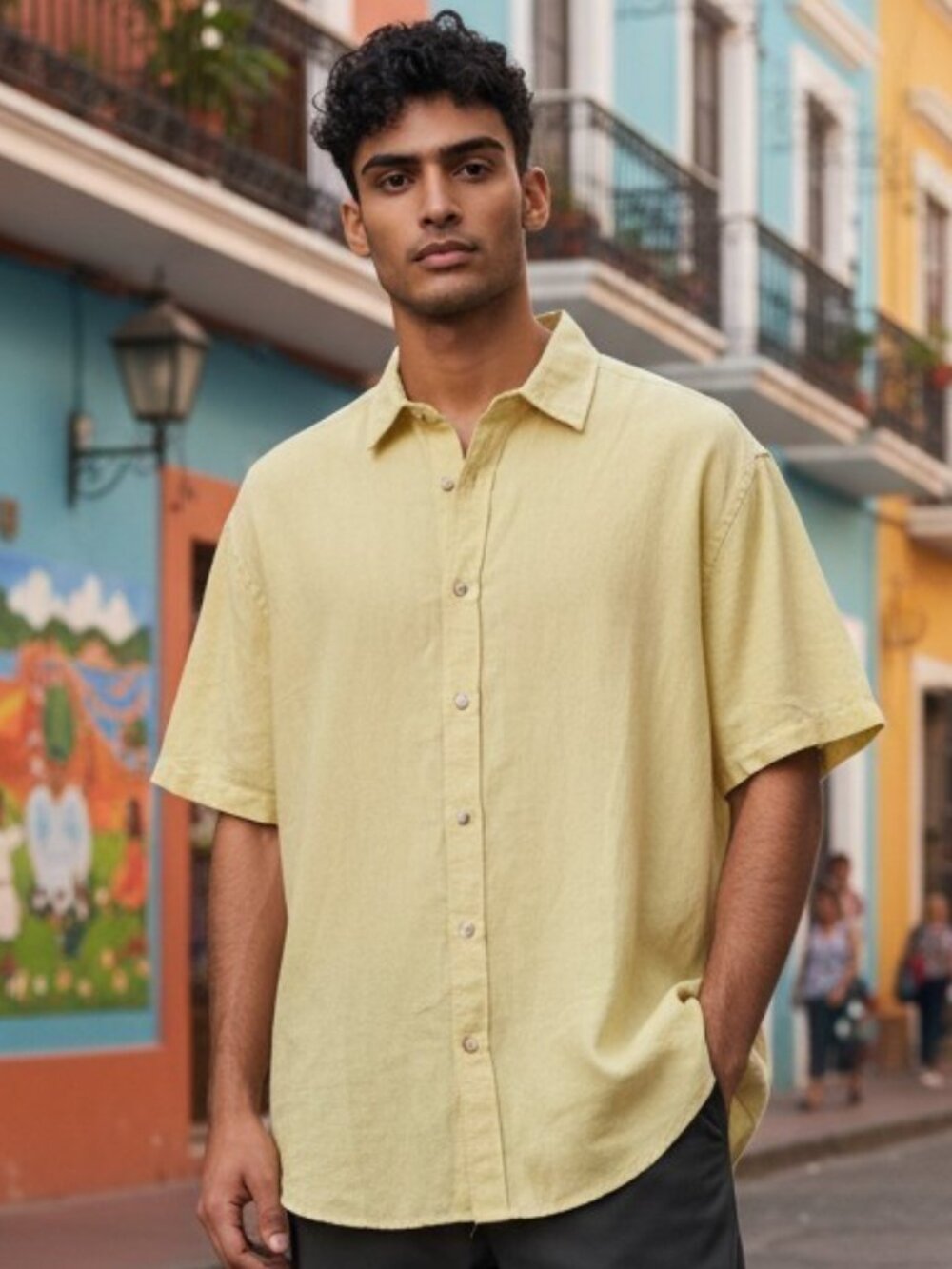 BANANA REPUBLIC (LG) Like New Light Yellow Button Up Linen Blend Short Sleeve